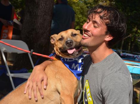 Cashew the dog getting a hug from a smiling person