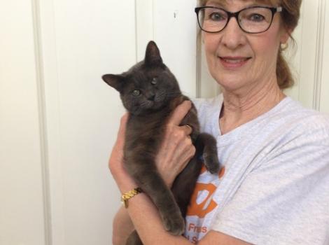 Volunteer Pat holding a cat