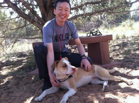 Volunteer dog groomer Sage with a dog