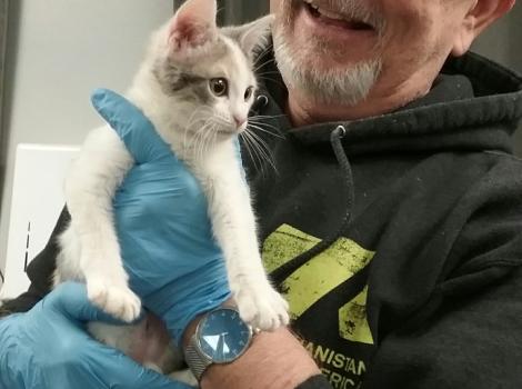 Volunteer Scott with Elf the kitten