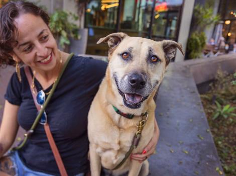 Smiling person sitting next to a happy dog