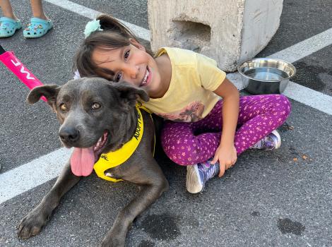 Child snuggling with a gray dog in a parking lot at the Super Adoption
