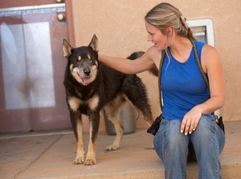 Anna the caregiver petting Woody the dog
