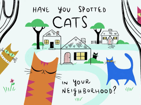 Screen shot of a graphic showing cats in a neighborhood